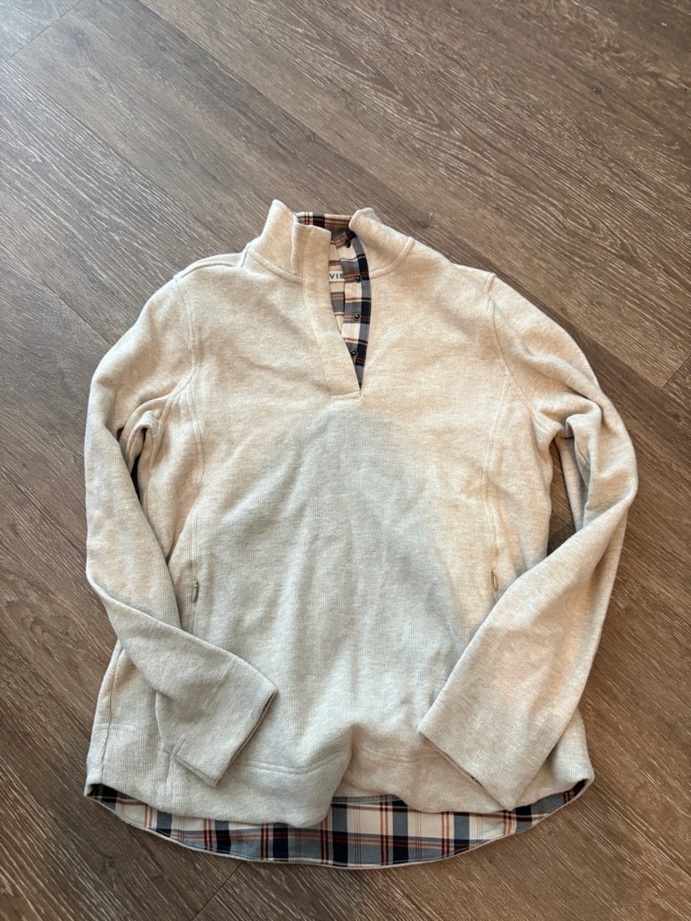 Orvis Cream Quarter-Zip Sweater with Plaid Trim